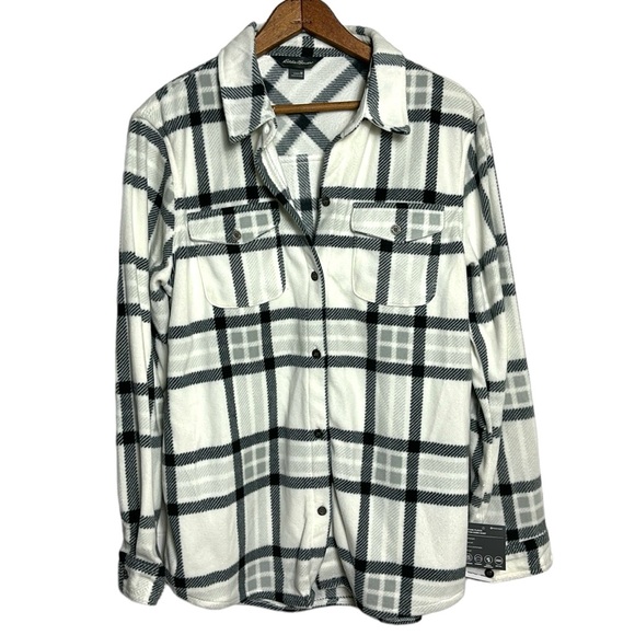 NEW NWT Women’s EDDIE BAUER size Medium white plaid button up fleece flannel - Picture 1 of 12